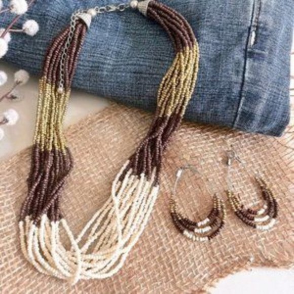 Brown Cream & Gold Multi Strand Seed Beaded Necklace and Earring Set - OS - Picture 7 of 8